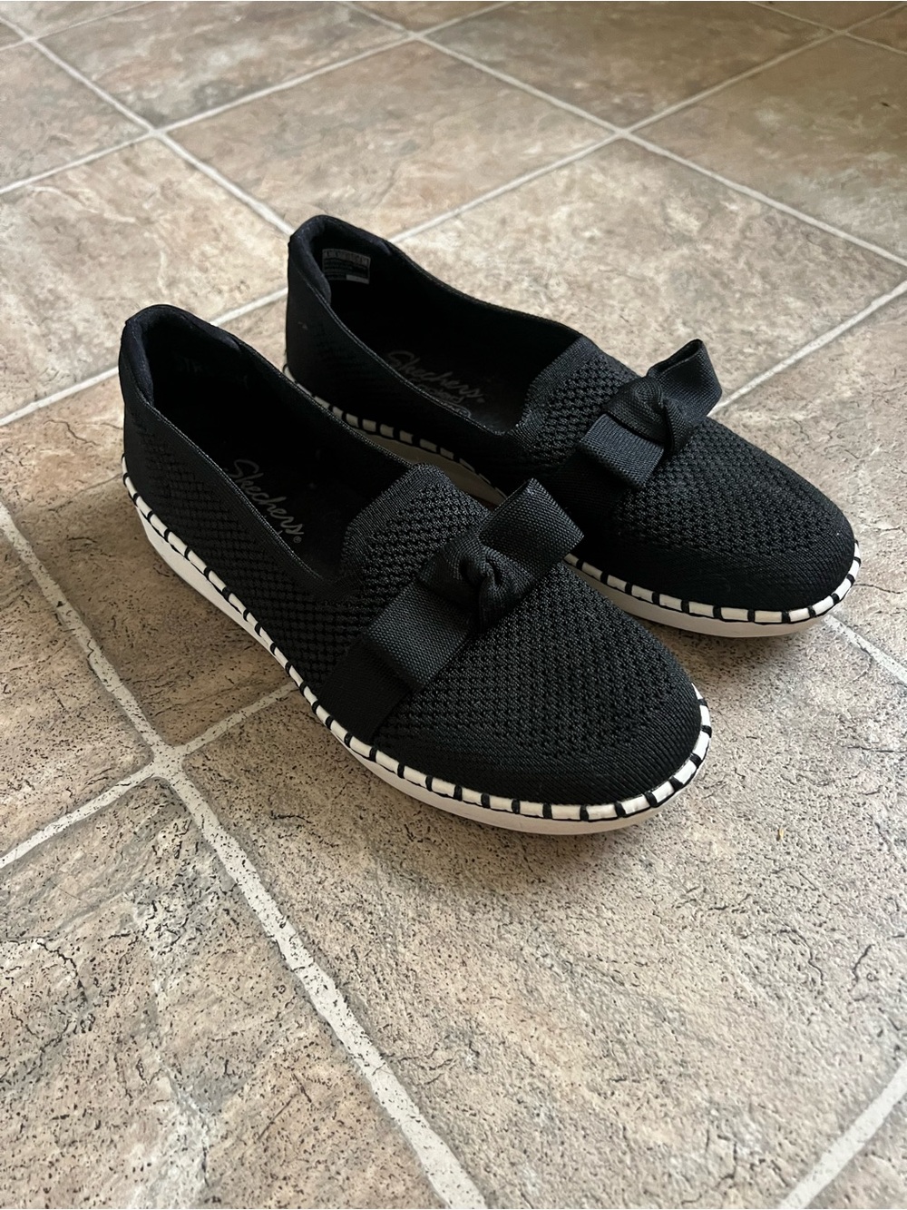 Skechers Black Knit Bow Wedge Slip Ons | Air-Cooled Memory Foam |